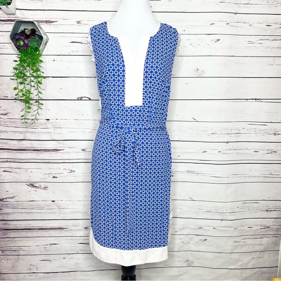 Ann Taylor Blue & White Geometric Sleeveless Belted Shift Dress Size Medium - Picture 8 of 10
